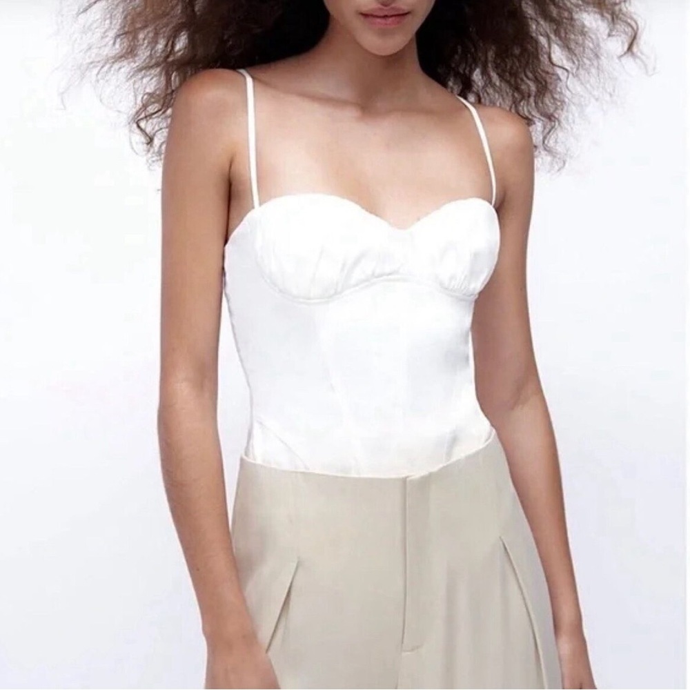 Zara White Sleeveless Off White Linen Blend Corset Bustier Bodysuit Size Latge